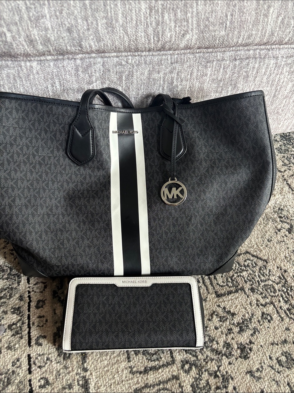 Michael Kors Black and White Signature Tote with Matching Wallet